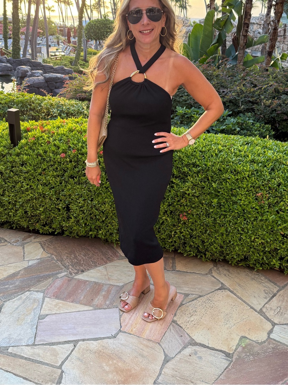 White House Black Market Black Halter Midi Dress with Gold Ring